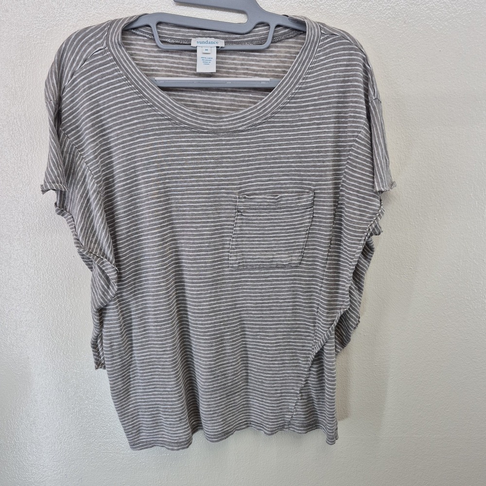 Sundance 100%‎ Linen Tee Shirt Women's Medium Gray Striped Ruffle Sleeves